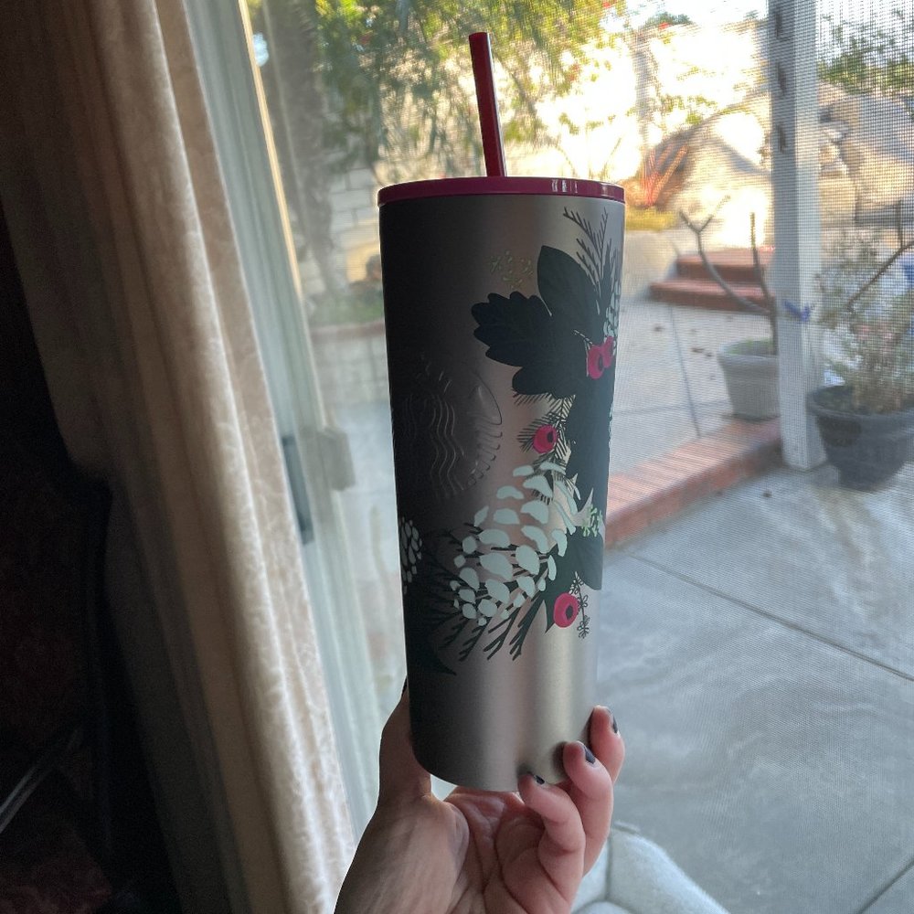 NWT Starbucks Limited Release Brushed Silver Stainless Steel Floral Holiday Cup